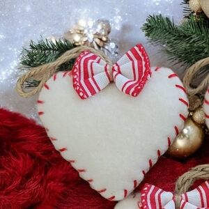 New! Festive Puffy Heart Ornament with Red Accents Hand Crafted